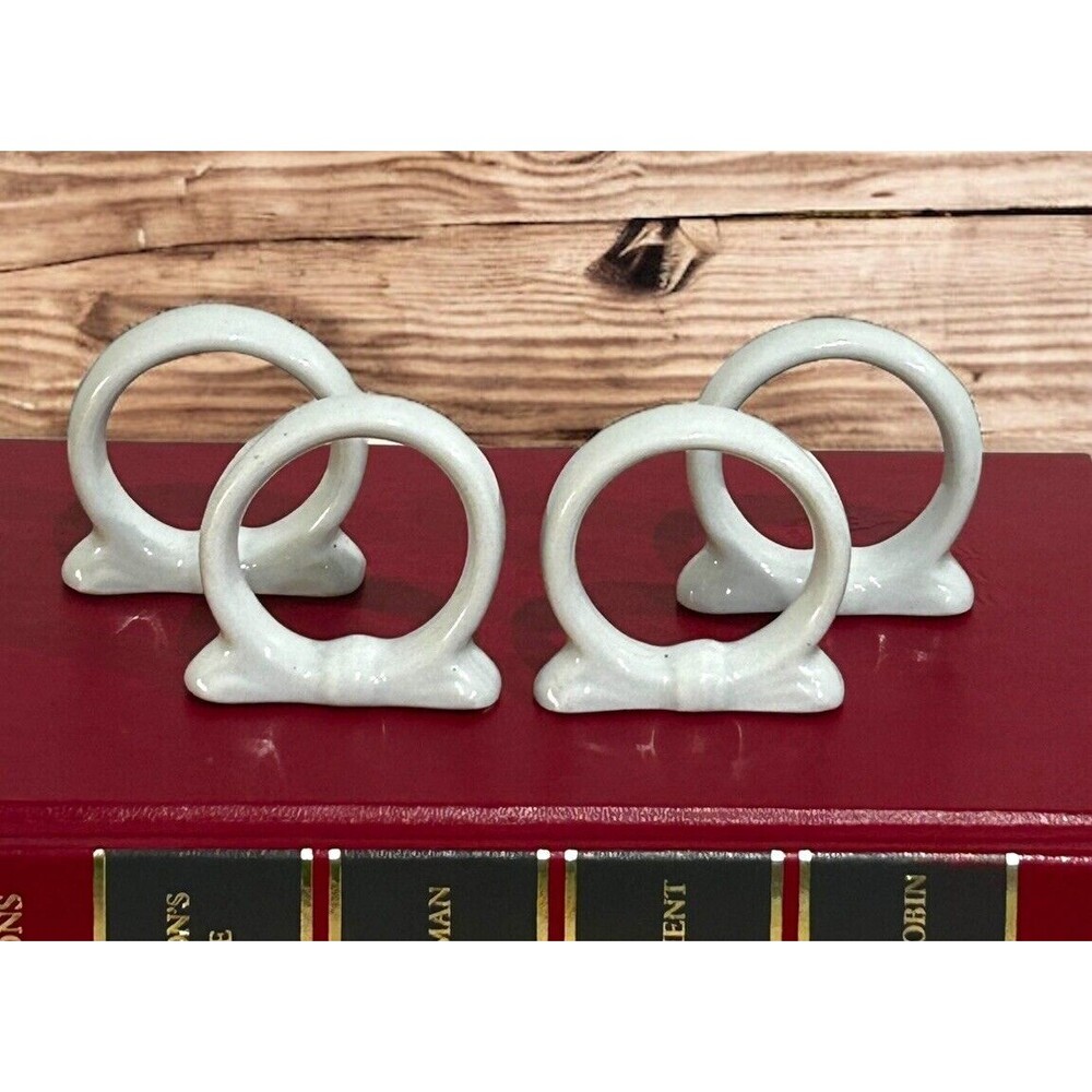 Vintage 4 Piece Set White Porcelain Bow Napkin Ring Holders Granny Core